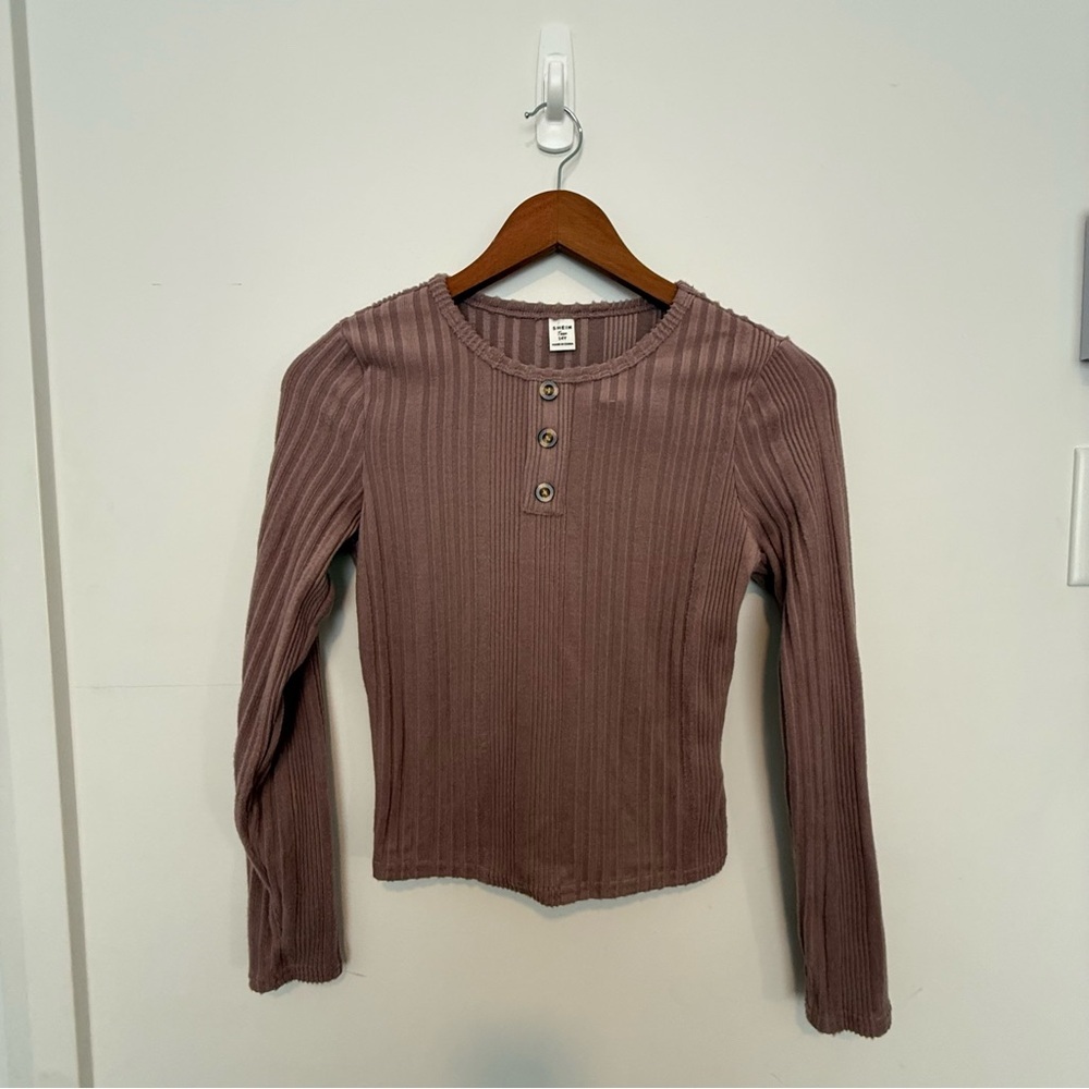 SHEIN Ribbed Long Sleeve Top with Buttons size 14Y